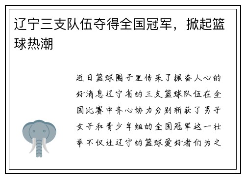 辽宁三支队伍夺得全国冠军，掀起篮球热潮